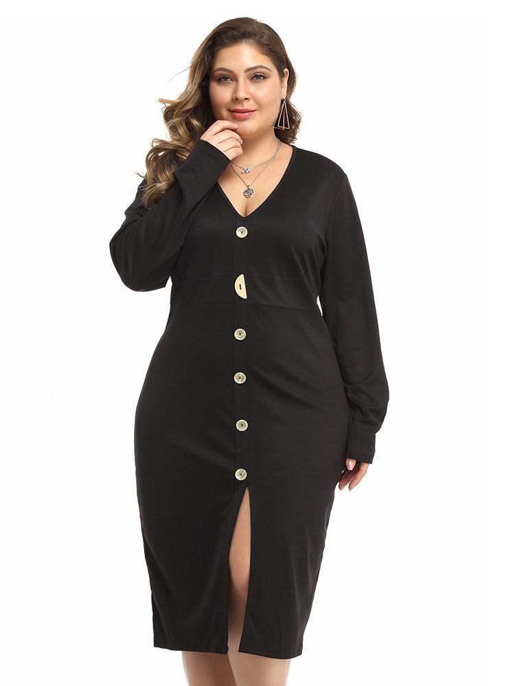 Button Up V-neck Slim Fit Midi Dress