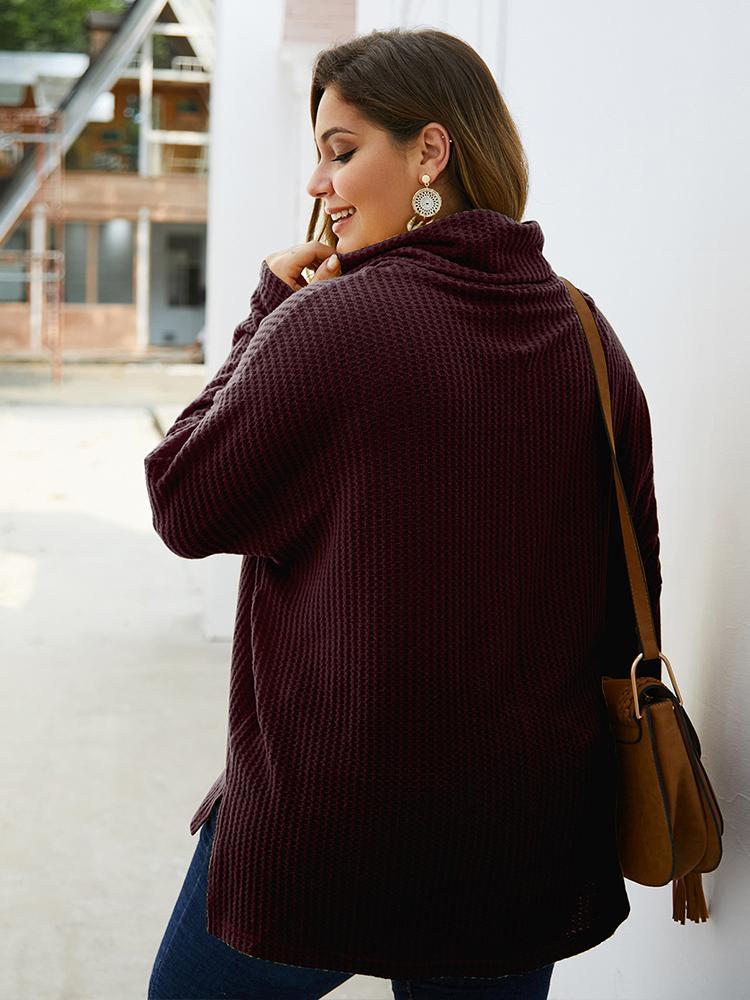 Turtleneck Waffle Solid Color Knit Top