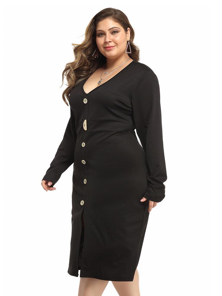 Button Up V-neck Slim Fit Midi Dress