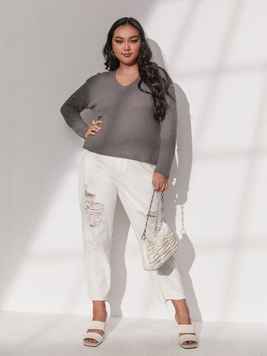 V Neck Scalloped Regular Sweater