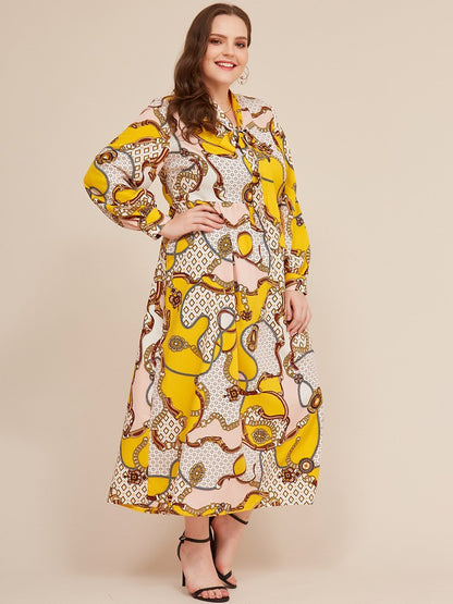 Printed Tie Lantern Sleeve Maxi Dress