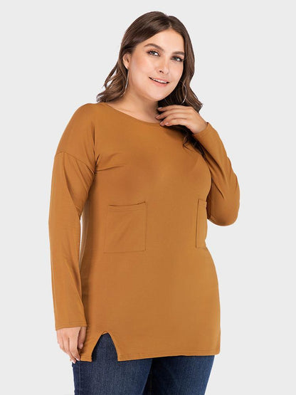 Basic Pockets Round Neck Elastic T-shirt