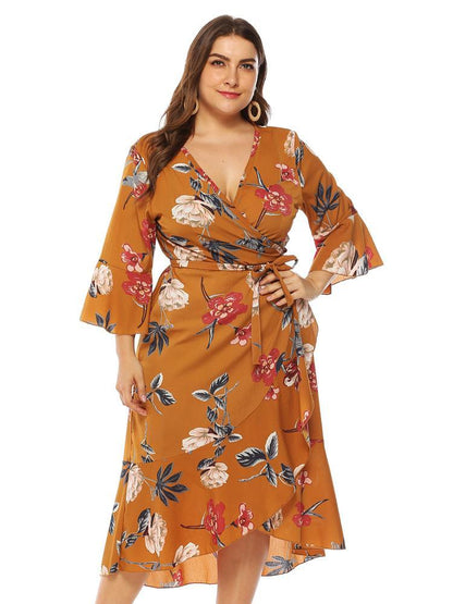 Floral Wrap Ruffle Sleeve Dress