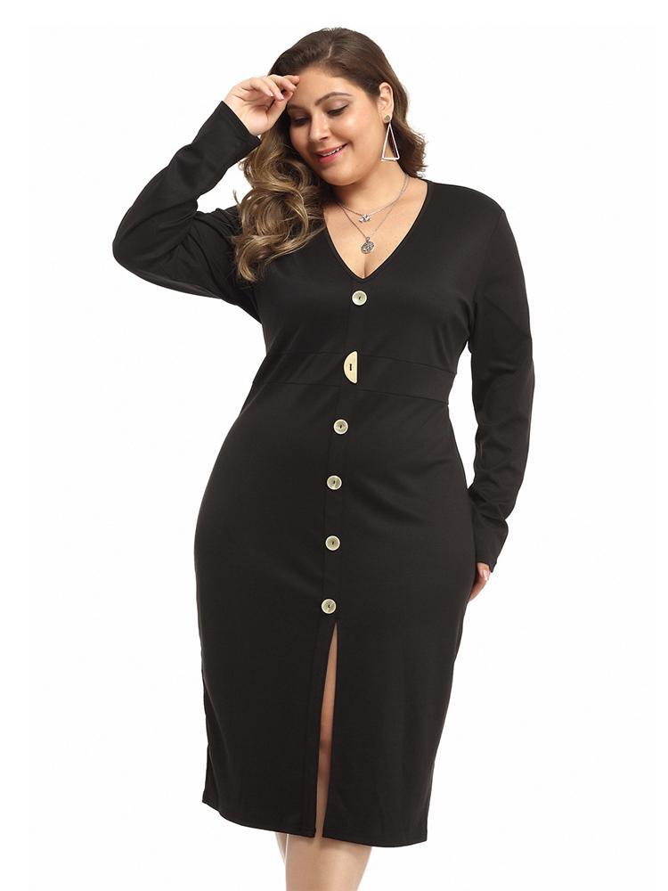 Button Up V-neck Slim Fit Midi Dress