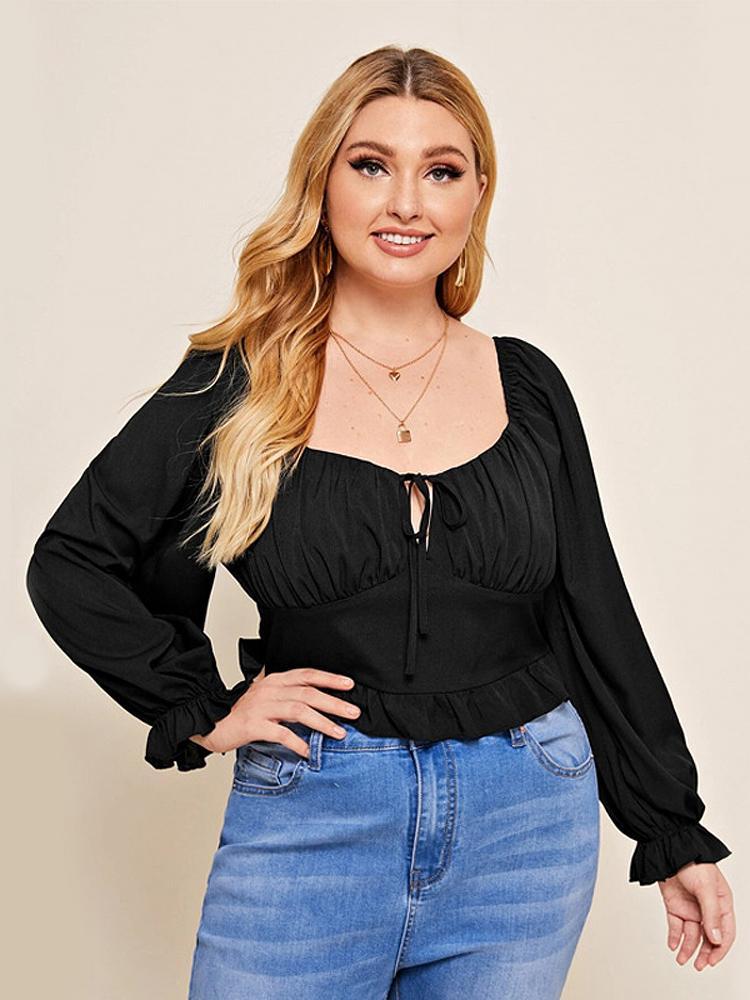 Pleated Square Collar Ruffle Top