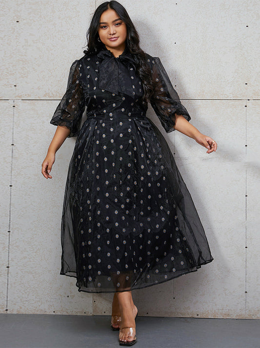 Daisy Embroidered Mesh Tie Neck Dress