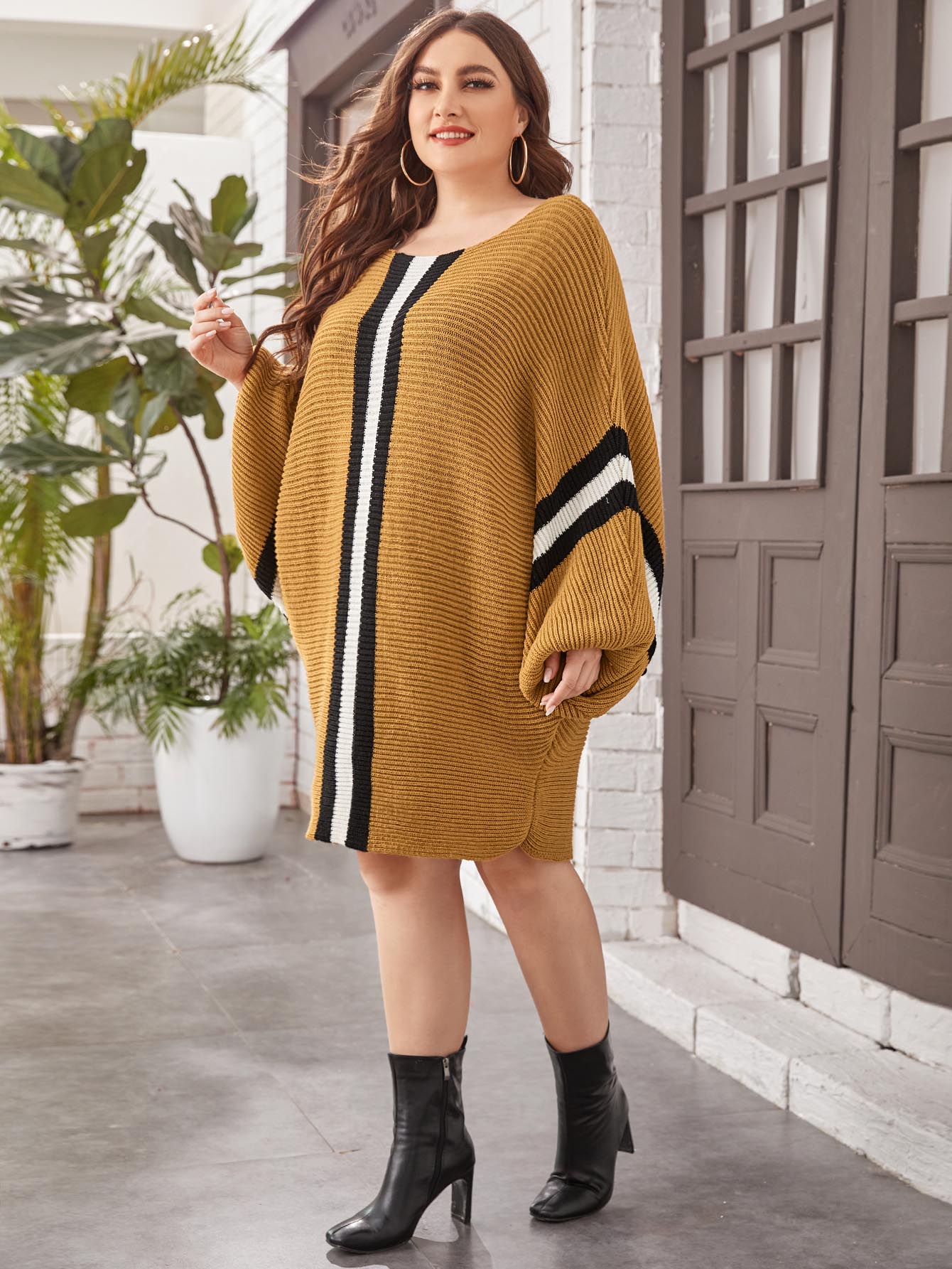 Striped Pattern Batwing Sleeve Sweater Dress