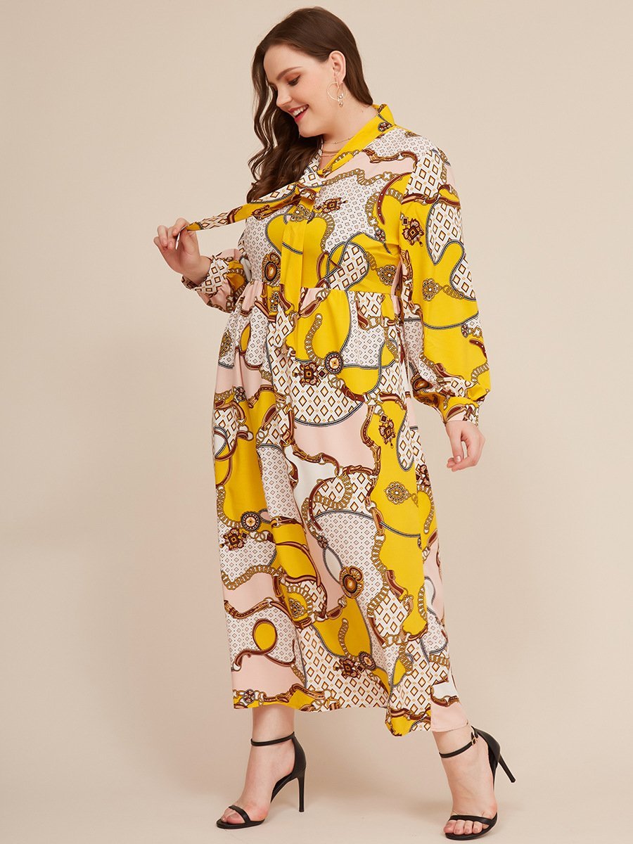 Printed Tie Lantern Sleeve Maxi Dress