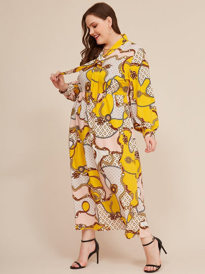 Printed Tie Lantern Sleeve Maxi Dress