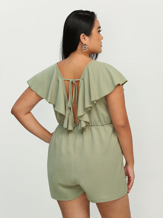 Ruffle Cloak V Neck Romper