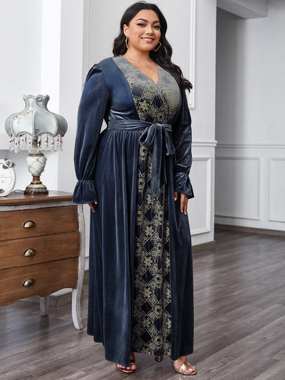 Floral & Argyle Embroidered Belt Velvet A-line Dress