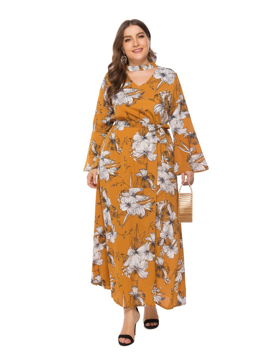 Floral Printed Hollow Out Flared Sleeve Maxi Dress