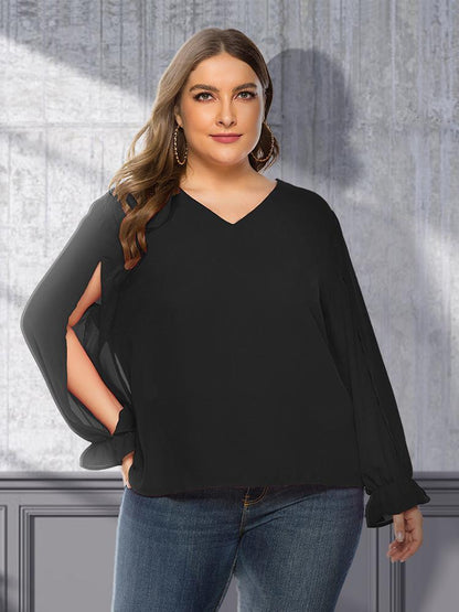 Chiffon Puff Sleeve V-neck Top