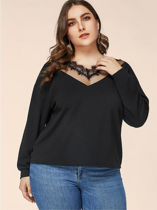 Lace Hollow Out V-neck Solid Color Top