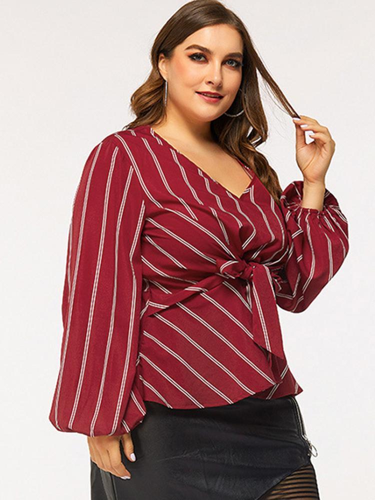 Striped Knot V-neck Lantern Sleeve Blouse