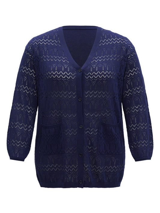 Plain Pocket Hollow Out Button Through Cardigan