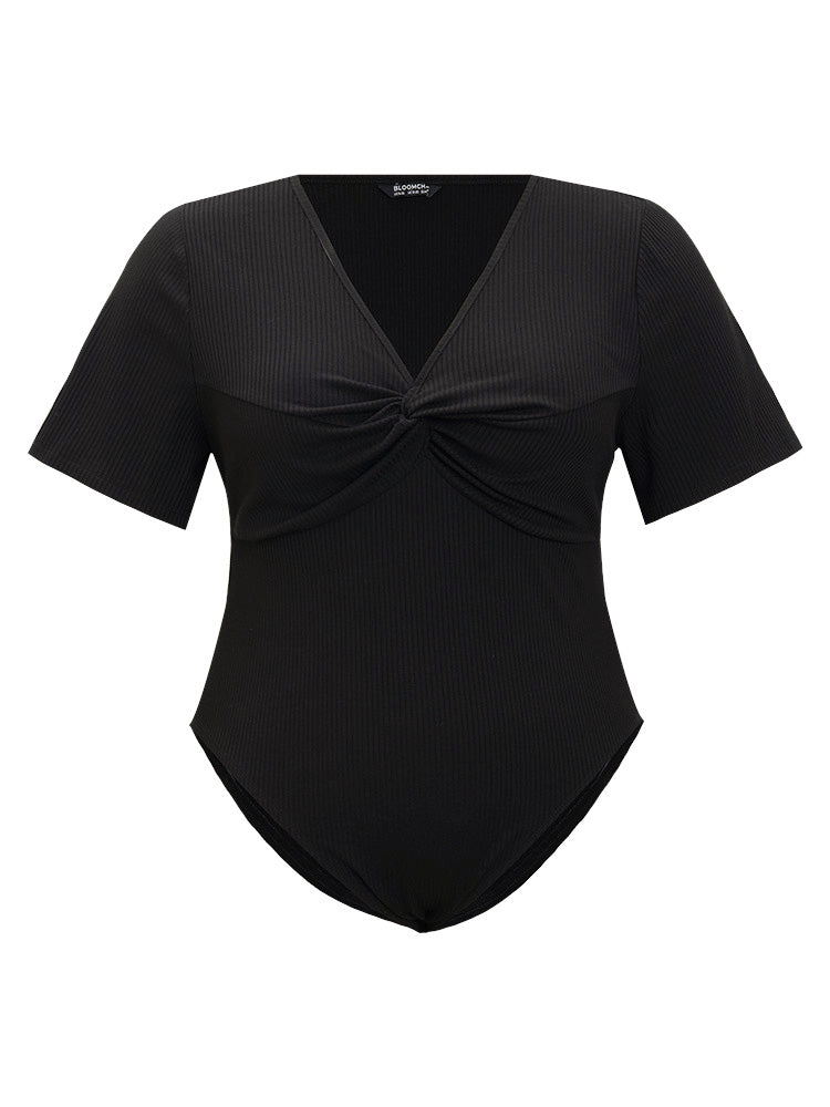 Plain Rib Knit Twist Front Bodysuit