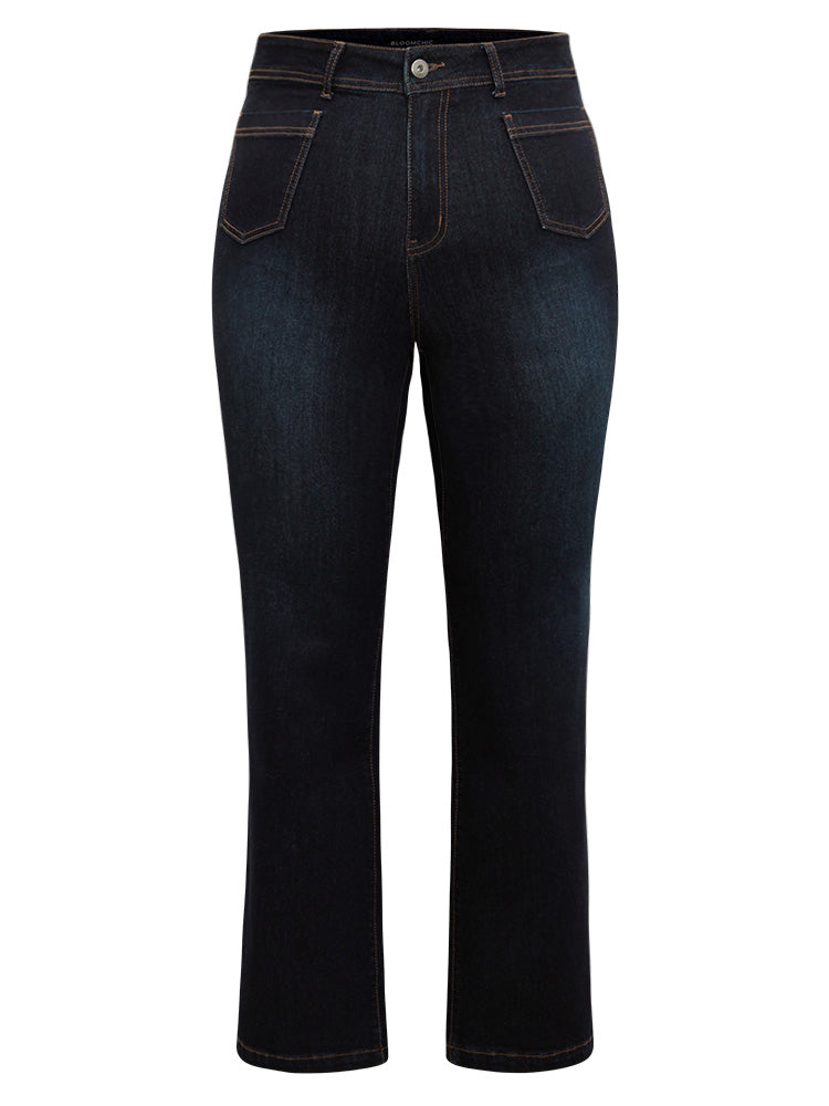 Straight Leg Dark Wash Patched Pocket Jeans