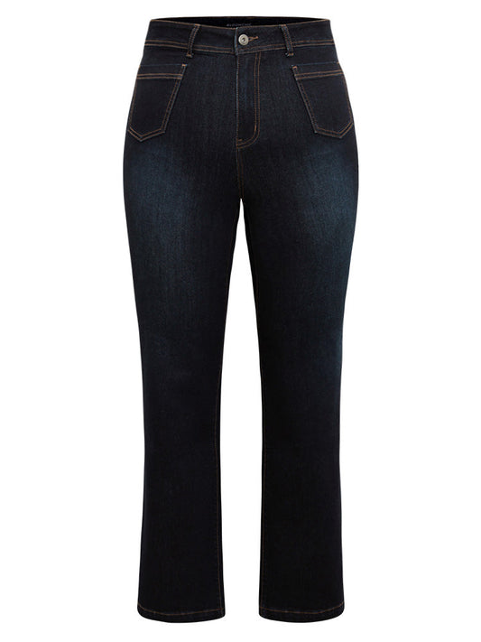 Straight Leg Dark Wash Patched Pocket Jeans