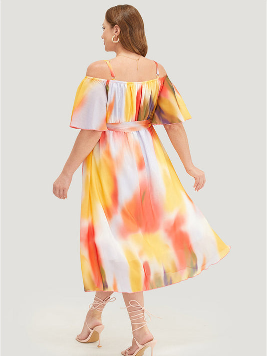 Tie Dye Cold Shoulder Pocket Belted Ruffle Sleeve Dress