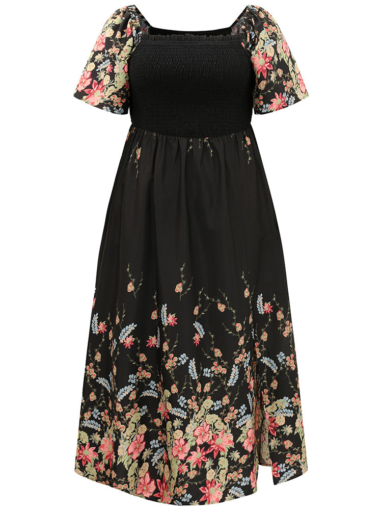 Floral Print Shirred Frill Trim Square Neck Dress