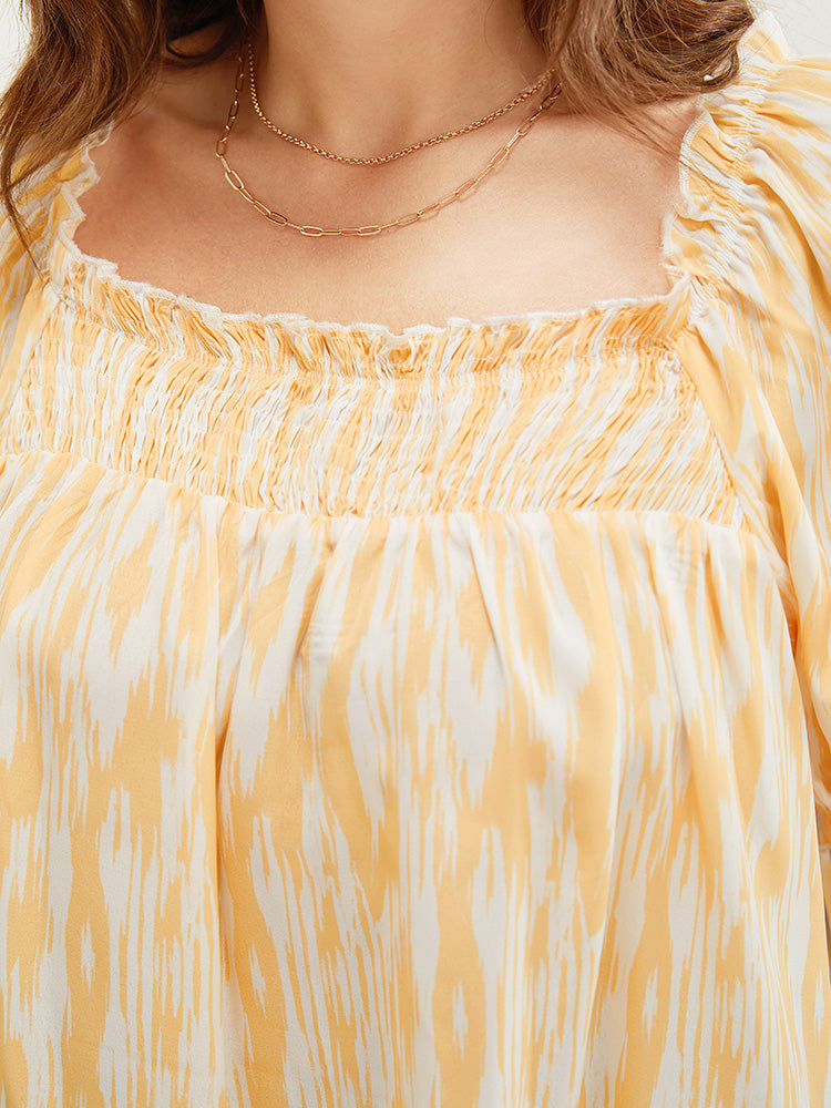 Water Ripple Shirred Frill Trim Puff Sleeve Blouse