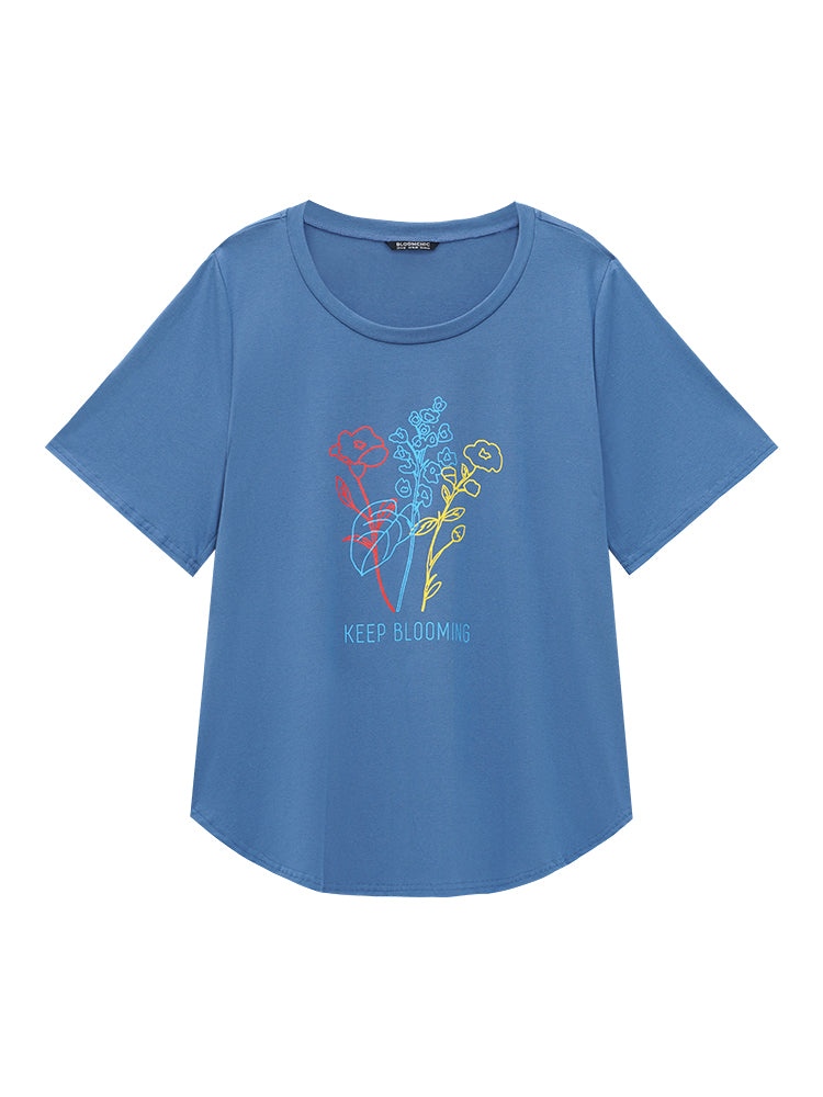 Slogan & Floral Print Arc Hem T-shirt