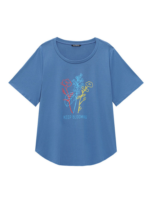 Slogan & Floral Print Arc Hem T-shirt