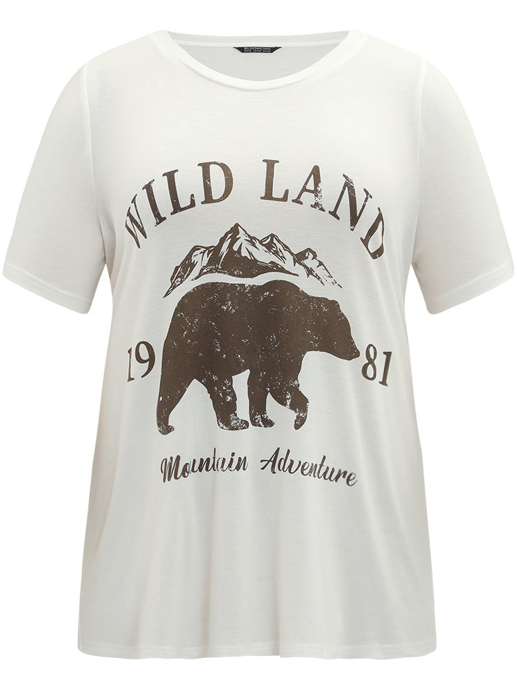 Letter & Bear Round Neck Regular Sleeve T-shirt