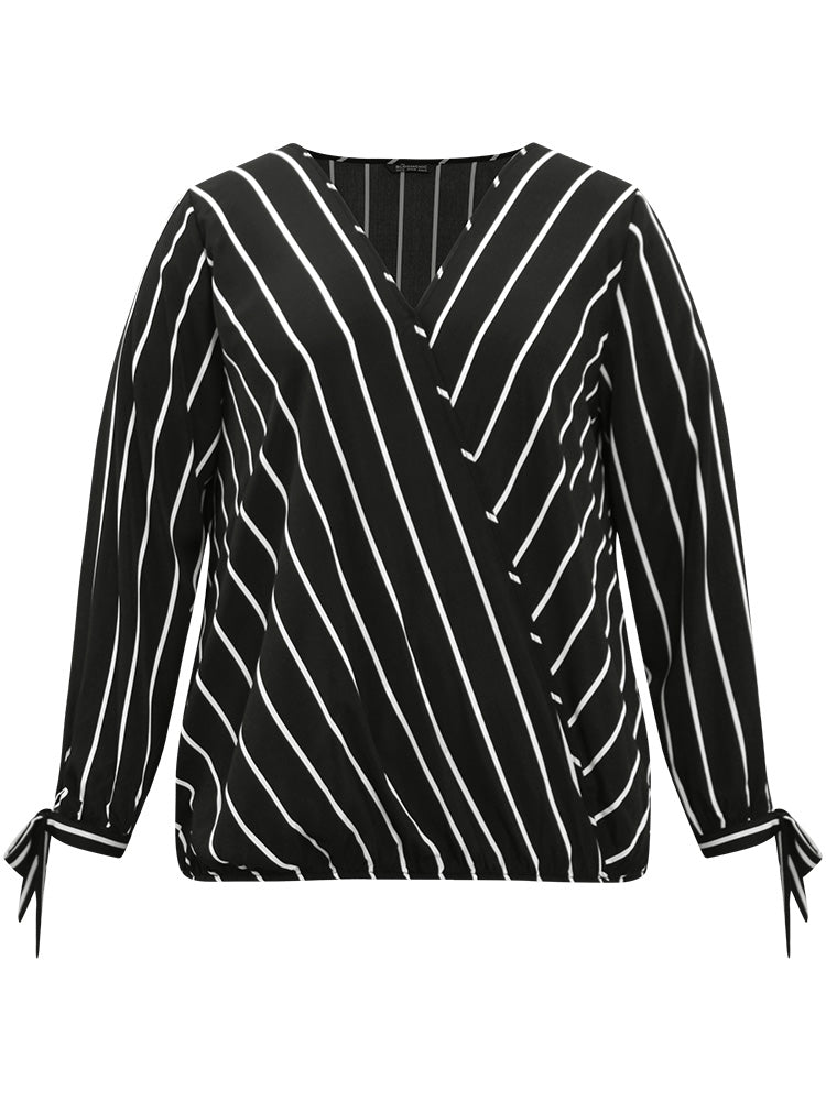 Striped Bowknot Cuffs Surplice Neck Blouse