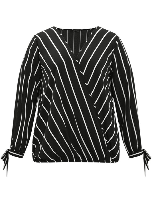 Striped Bowknot Cuffs Surplice Neck Blouse