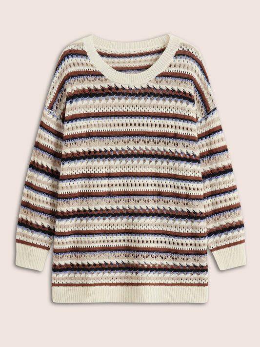 Striped Contrast Drop Shoulder Hollow Out Pullover