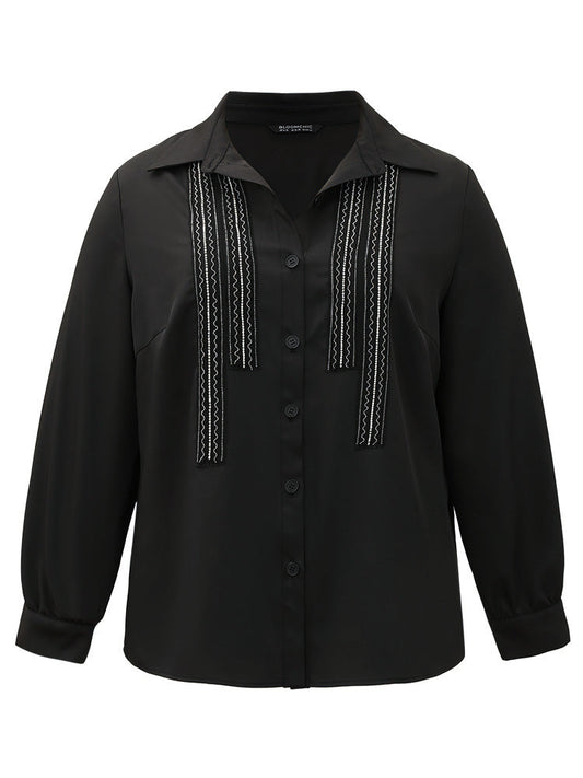 Twill Rhinestone Contrast Webbing Button Through Blouse