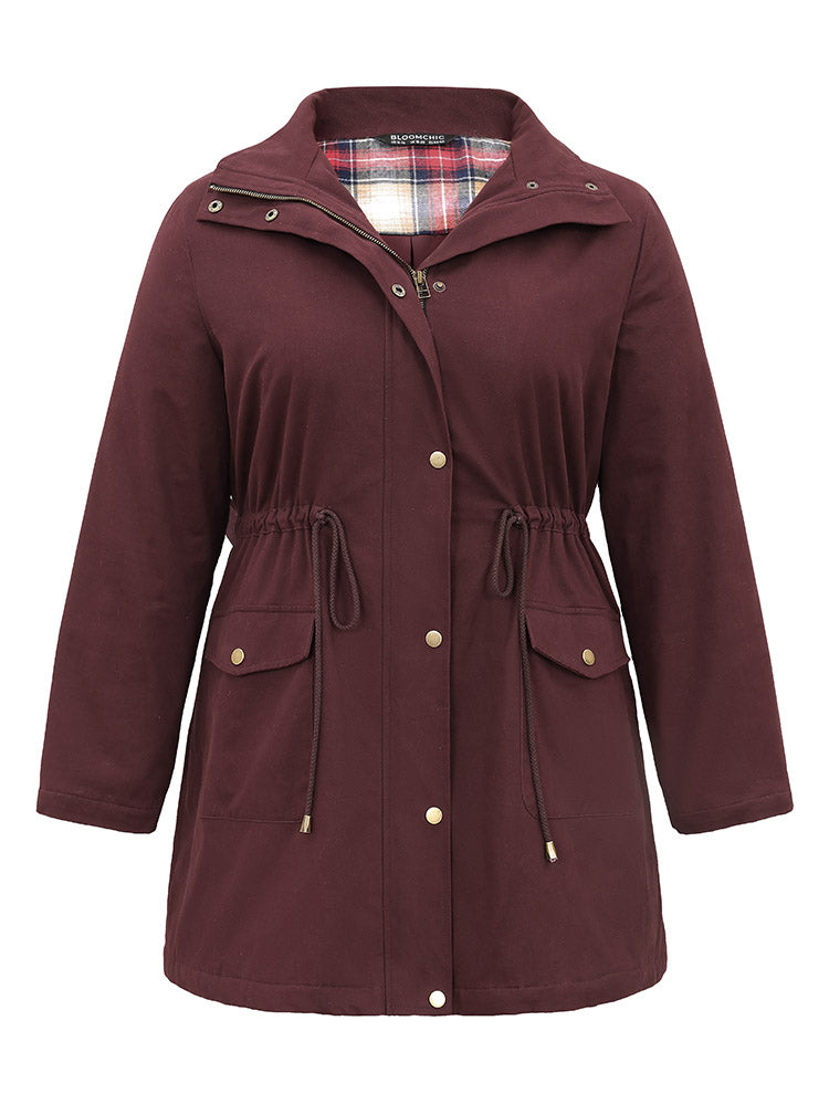Solid Zipper Drawstring Knot Flap Detail Coat