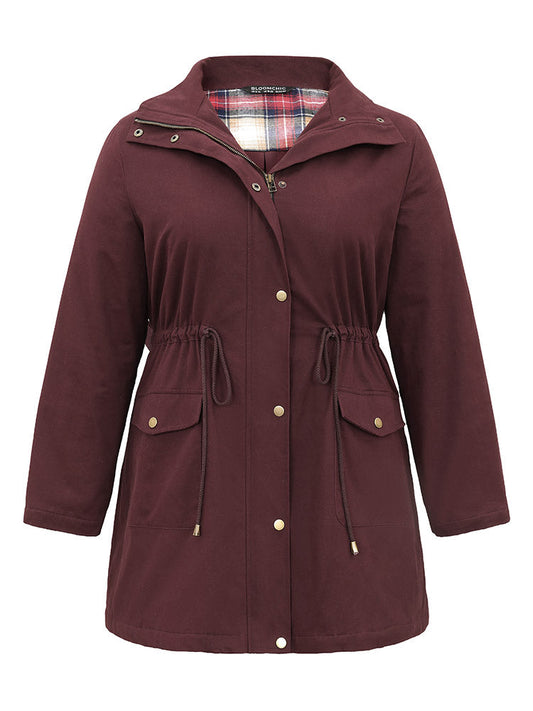 Solid Zipper Drawstring Knot Flap Detail Coat