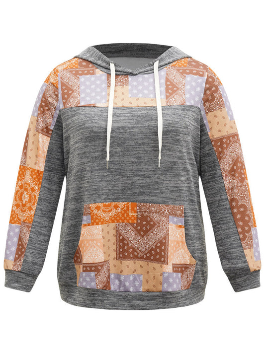 Boho Print Contrast Heather Hooded Sweatshirt