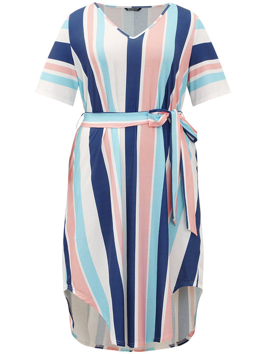 Striped Belted V Neck Pocket Arc Hem Dress