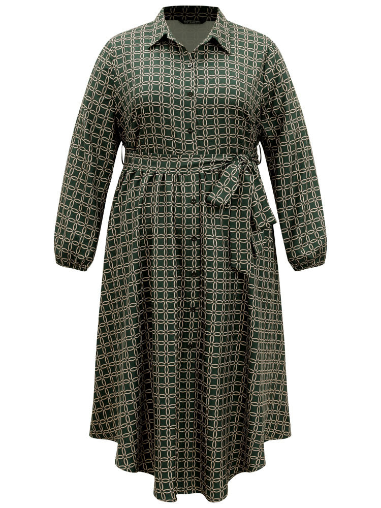 Geometric Belted Curved Hem Lantern Sleeve Dress