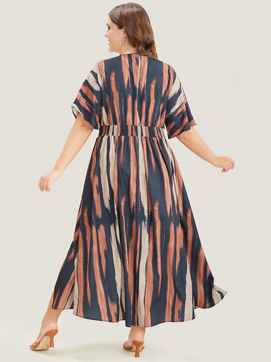Striped Contrast Dolman Sleeve Shirred Split Hem Dress