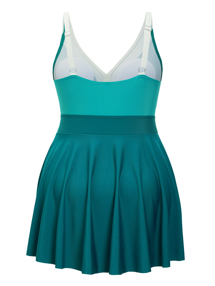 Colorblock Contrast Sculpt Waist Ruffle Hem Gathered Swim Dress