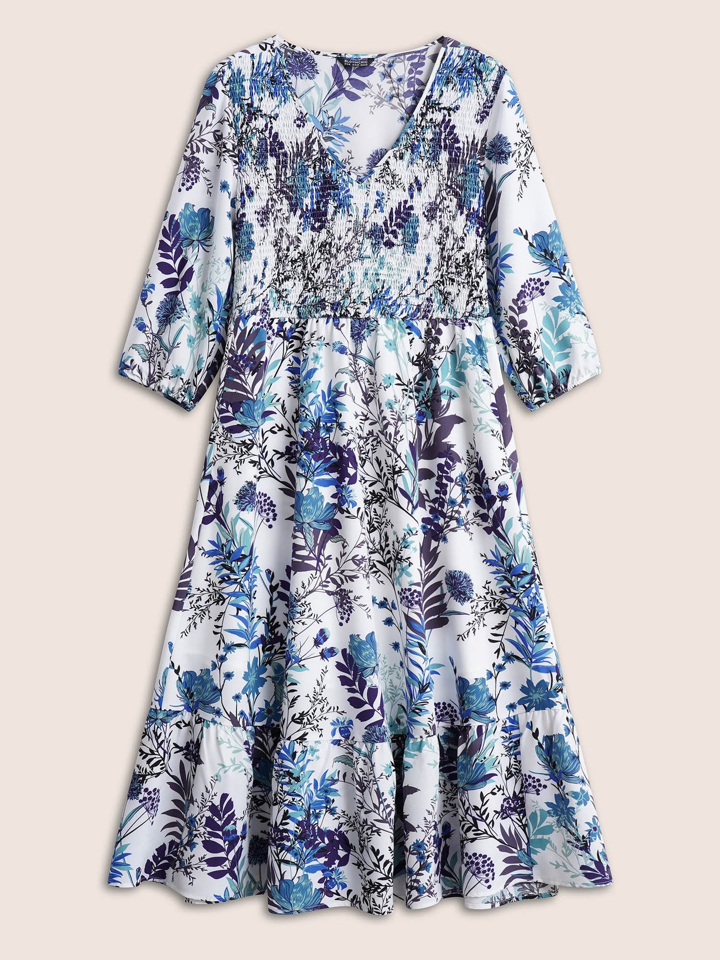 Plants Print Shirred Elastic Waist Gathered Dress