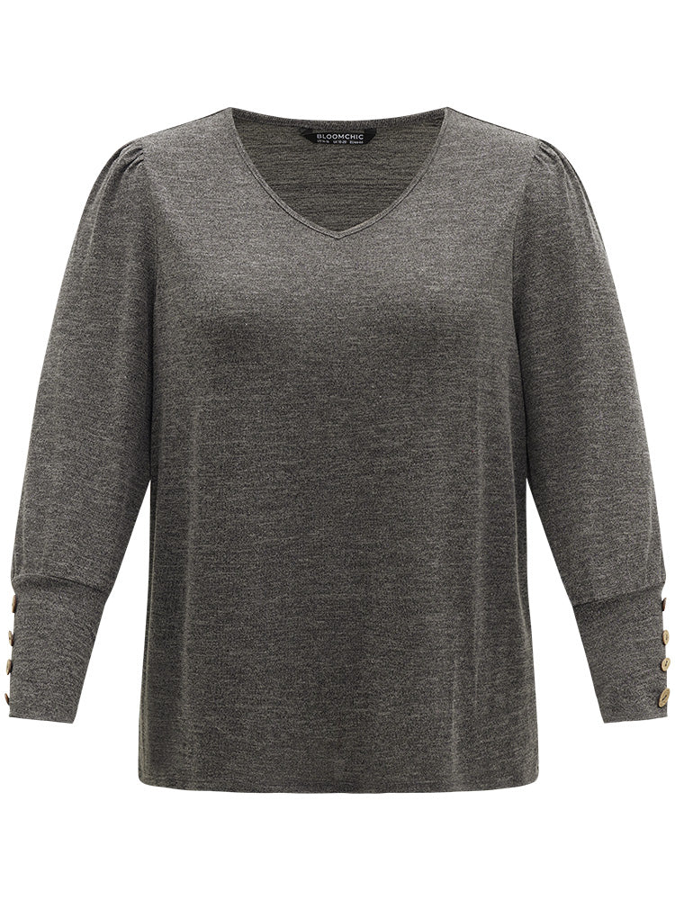 Plain Heather Elastic Cuffs Button Detail T-shirt