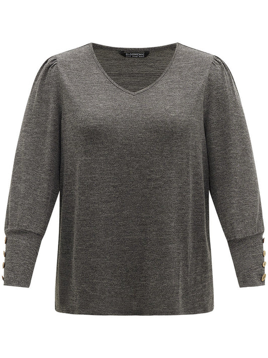 Plain Heather Elastic Cuffs Button Detail T-shirt