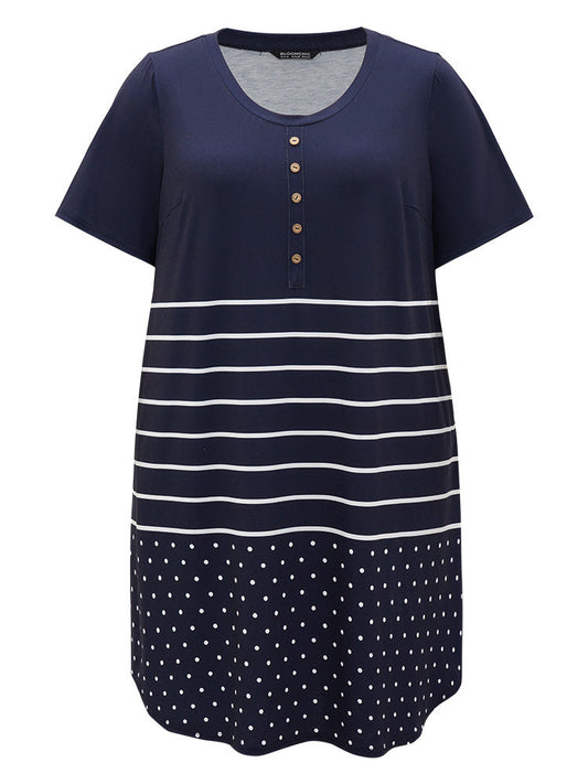 Striped & Polka Dot Print Pocket Button Detail Sleep Dress