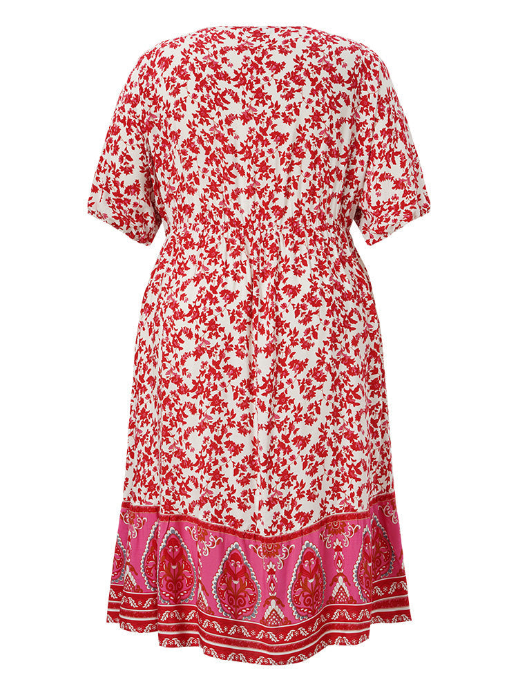 Bandana Print Pocket Ruffle Hem Knot Front Dolman Sleeve Dress