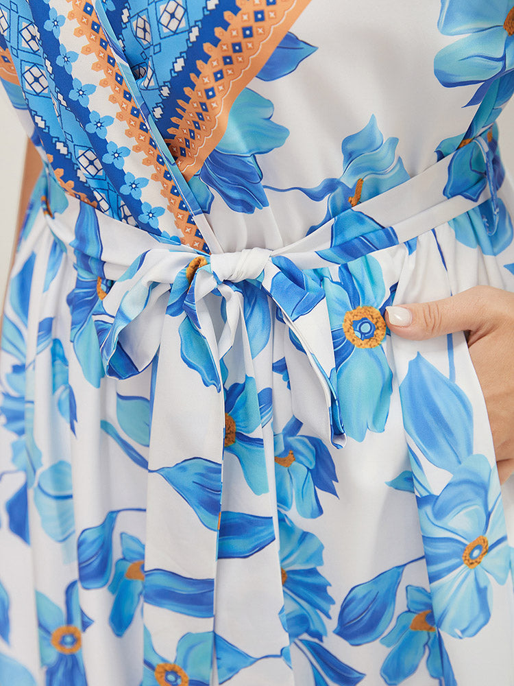 Bandana Print Ruffle Hem Belted Pocket Wrap Dress
