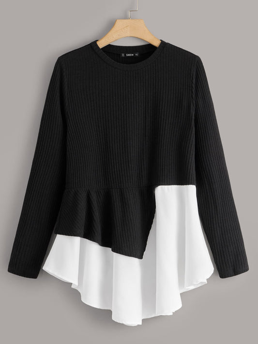 Two Tone Asymmetrical Hem Rib-knit Top