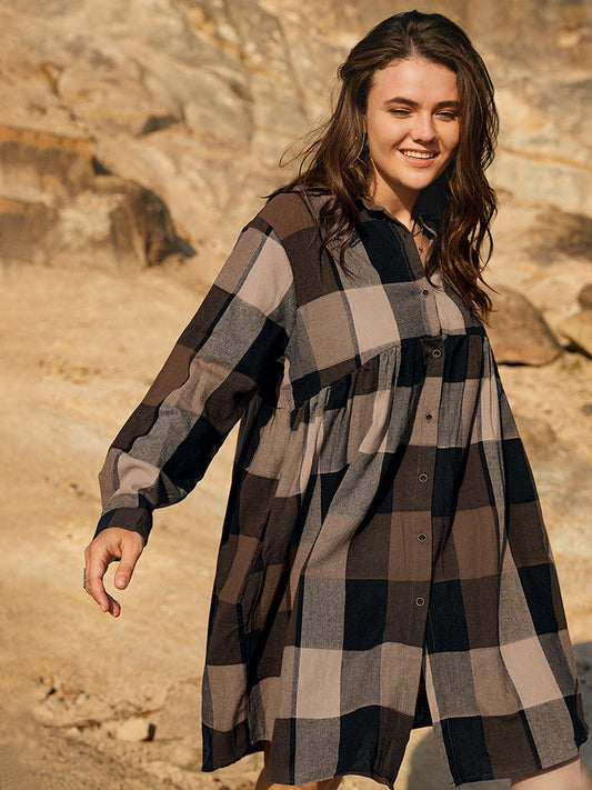 Plaid Button A Line Shirt Dress