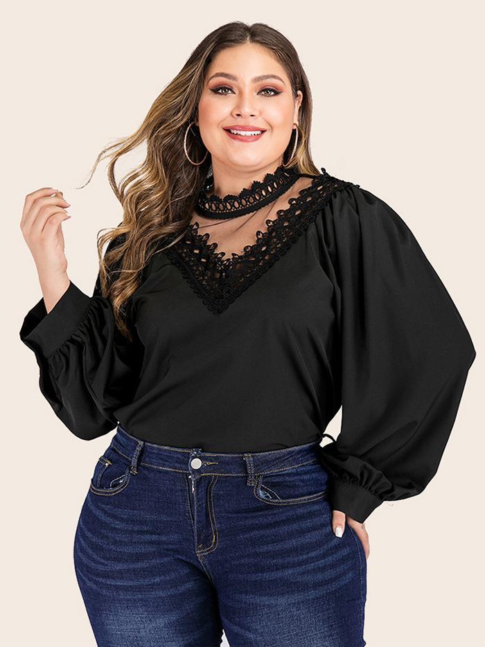 Lace Patchwork Solid Color Tops