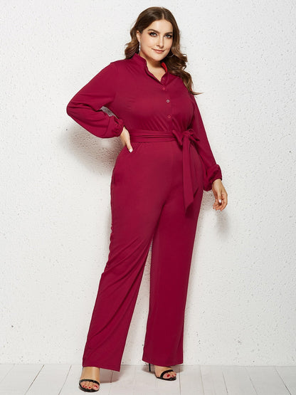 Solid Color Belt Lantern Sleeve Jumpsuits